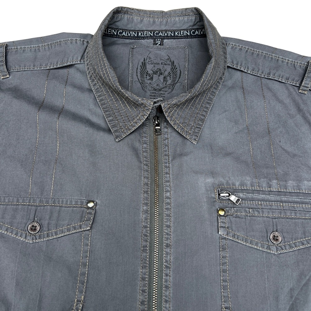VTG Calvin Klein Mens XL Gray Utility Shacket Zip Front Shirt Jacket 100% Cotton